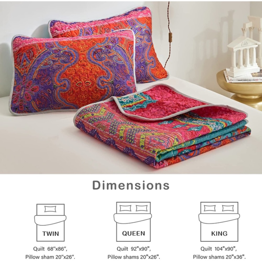 3-Piece Colorful Boho King Quilt Set Lightweight Bedspread/Coverlet - Picture 3 of 7